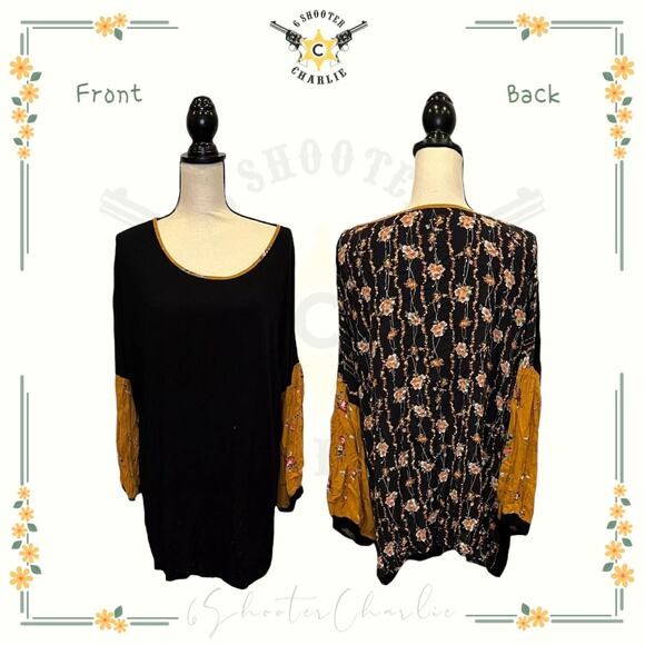 WEEKEND by SUZANNE BETRO Tunic Top Black Jersey Knit Floral Long Sleeve Size 2XL - Picture 1 of 6